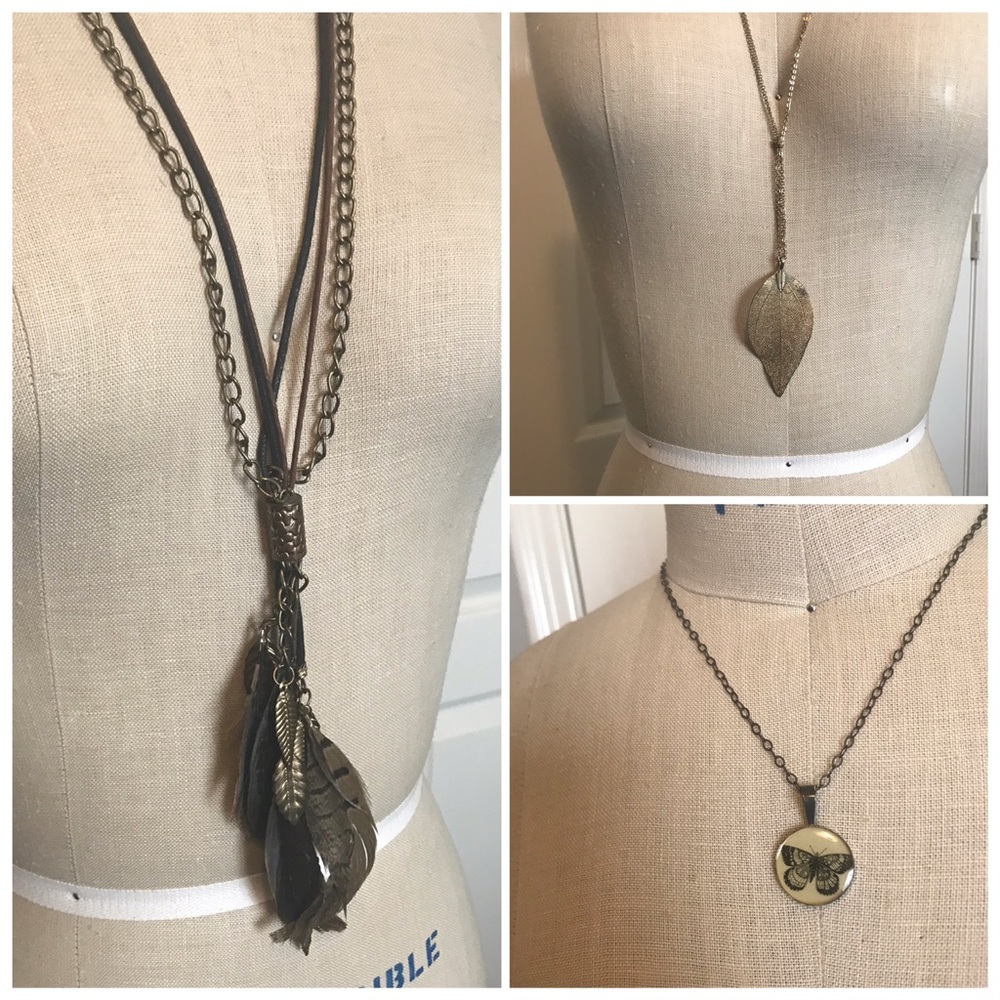 3 boho bohemian layering necklaces- feathers brass